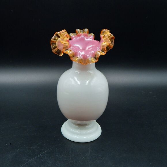 Milk Glass Vase Ruffled Top Pink Cased Gold Crest 7 Inch Stevens & Williams? - Picture 2 of 8